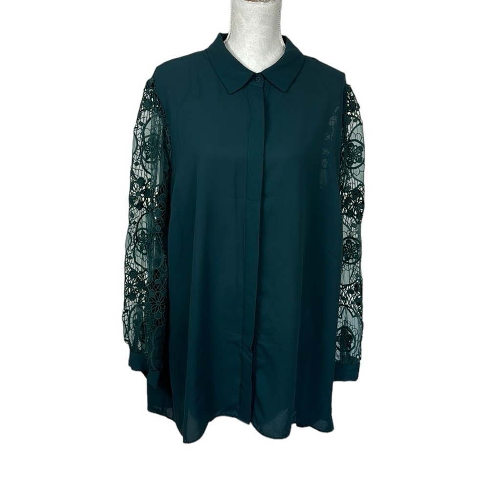 City Chic Women's Plus L/20‎ Blouse Teal Green Sheer Lace Balloon Sleeve Tunic